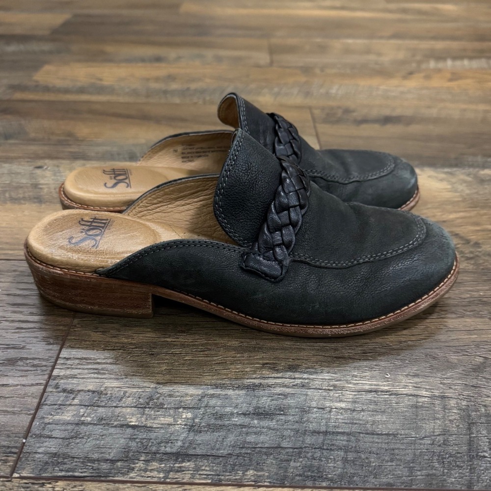 Sofft Black Leather Braided Mule Clogs Women's Size 7 Slip On Comfort Shoes